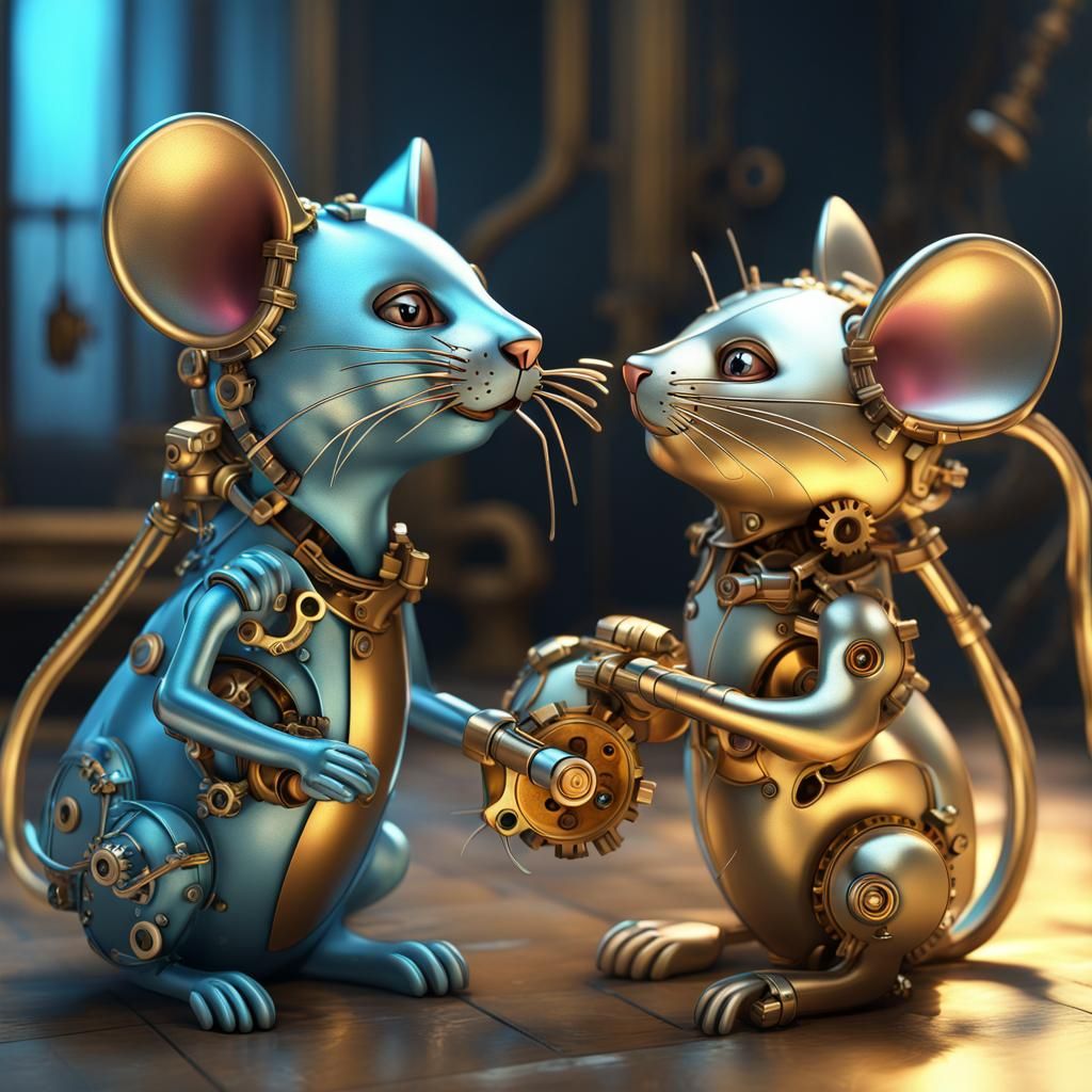 Mechanical Cat and Mouse in Shiny Room