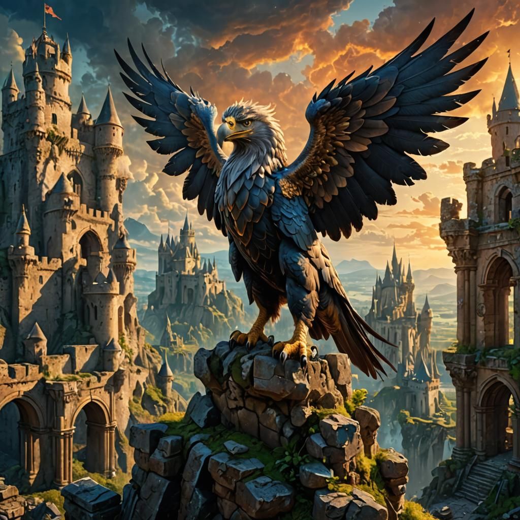 Epic Fantasy Griffin Amidst Ruins in Louis Royo-Inspired Dig...