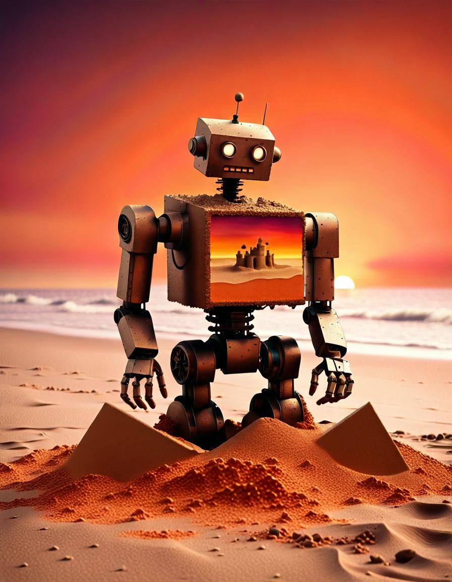 Robot Builds Sandcastle in Surrealist Style