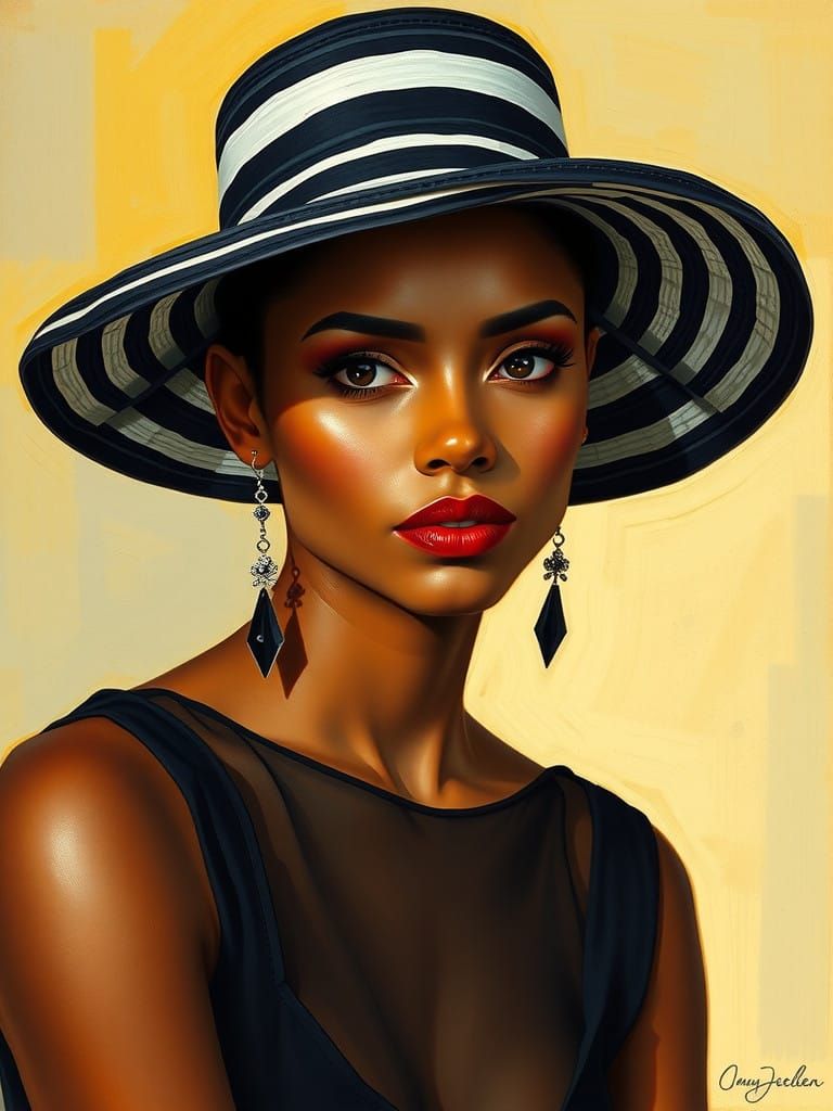 Woman in Elegant Wide-Brimmed Hat with Bold Stripes in Oil P...