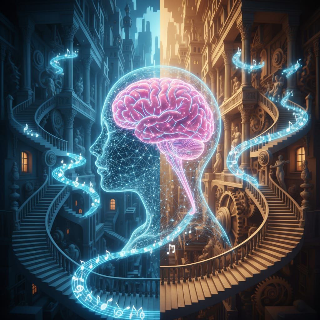 Surreal Woman's Head with Neon Brain and Escher Stairs