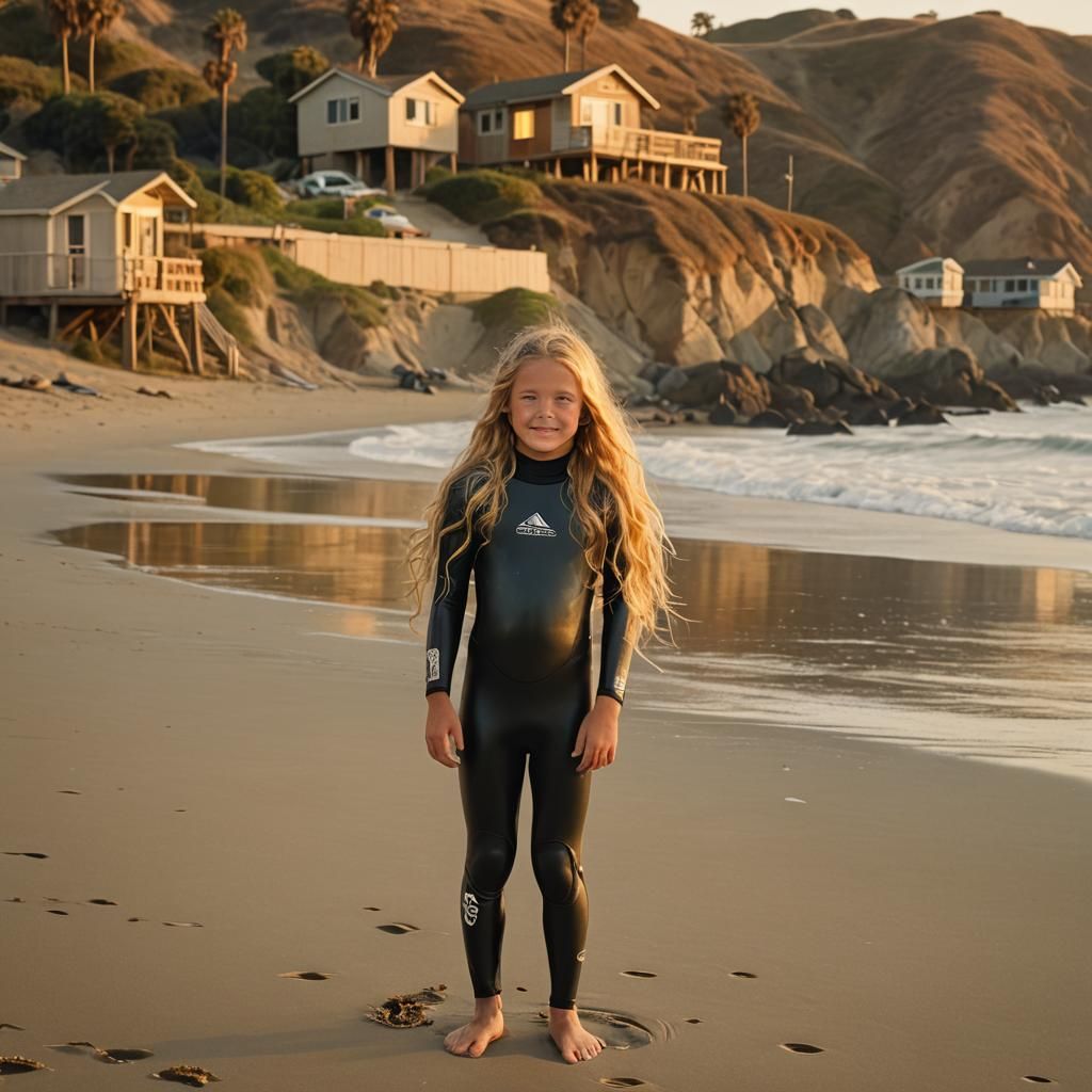 California Surfer Girl on Beach at Sunset