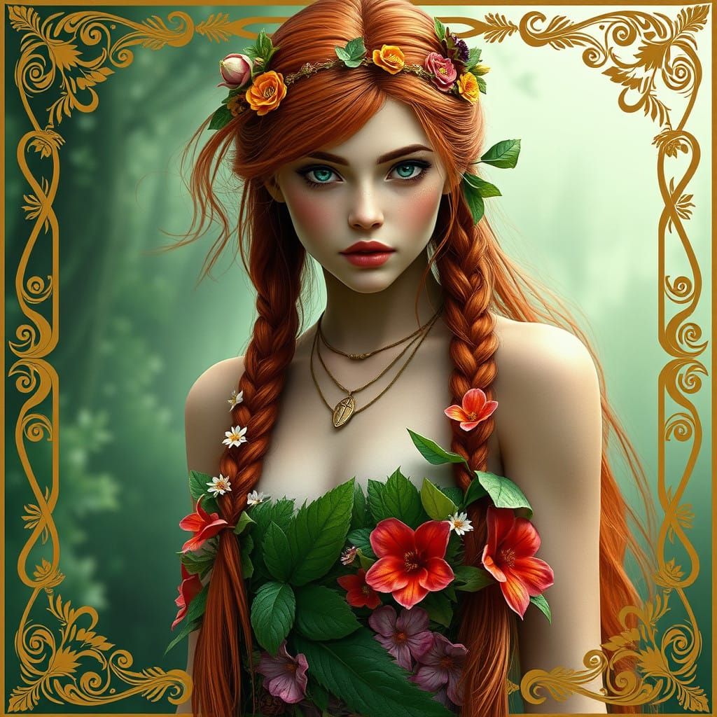 Ethereal Woodland Goddess in Vibrant Flowers and Greenery