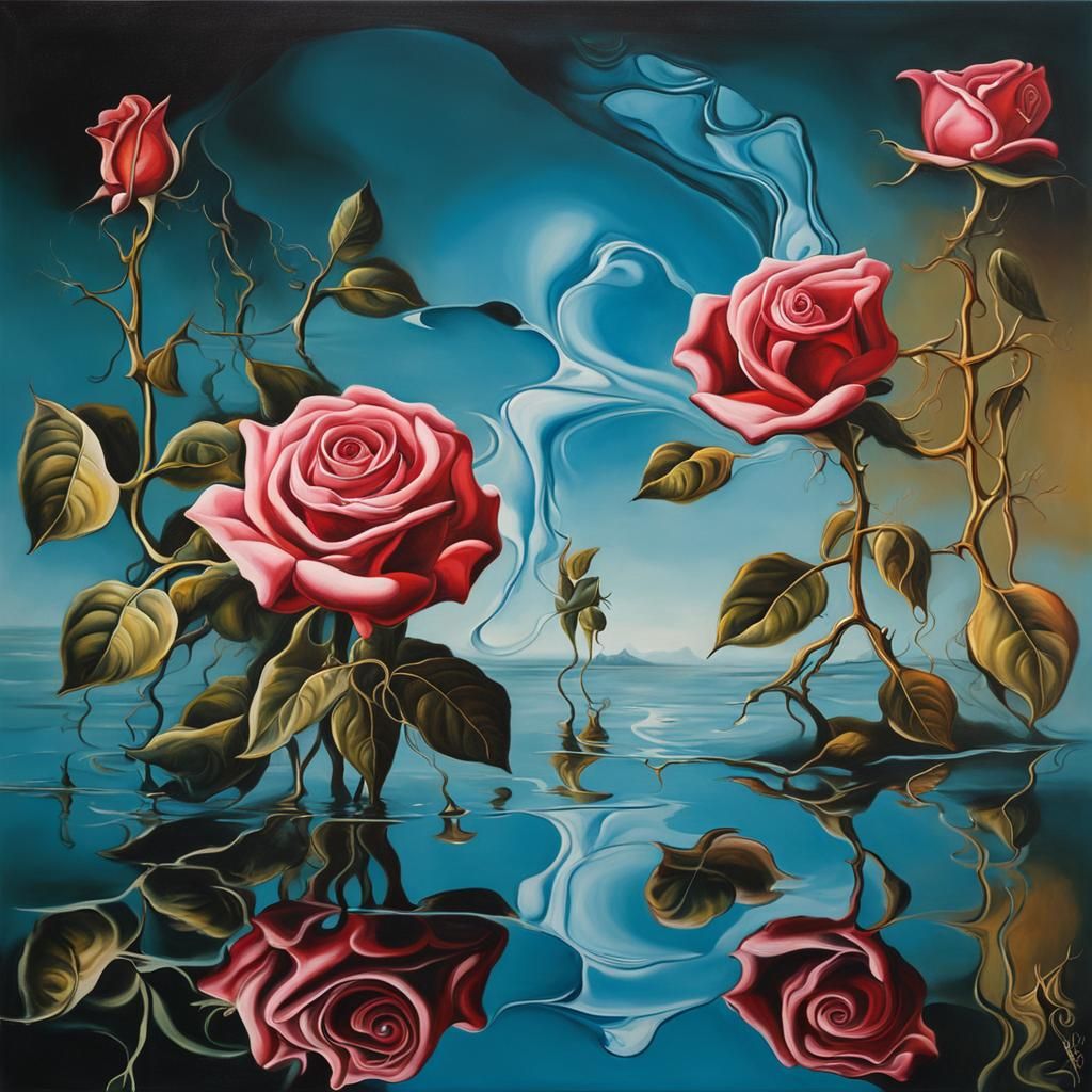 Surreal Rose Reflections: Salvador Dali Style Oil Painting