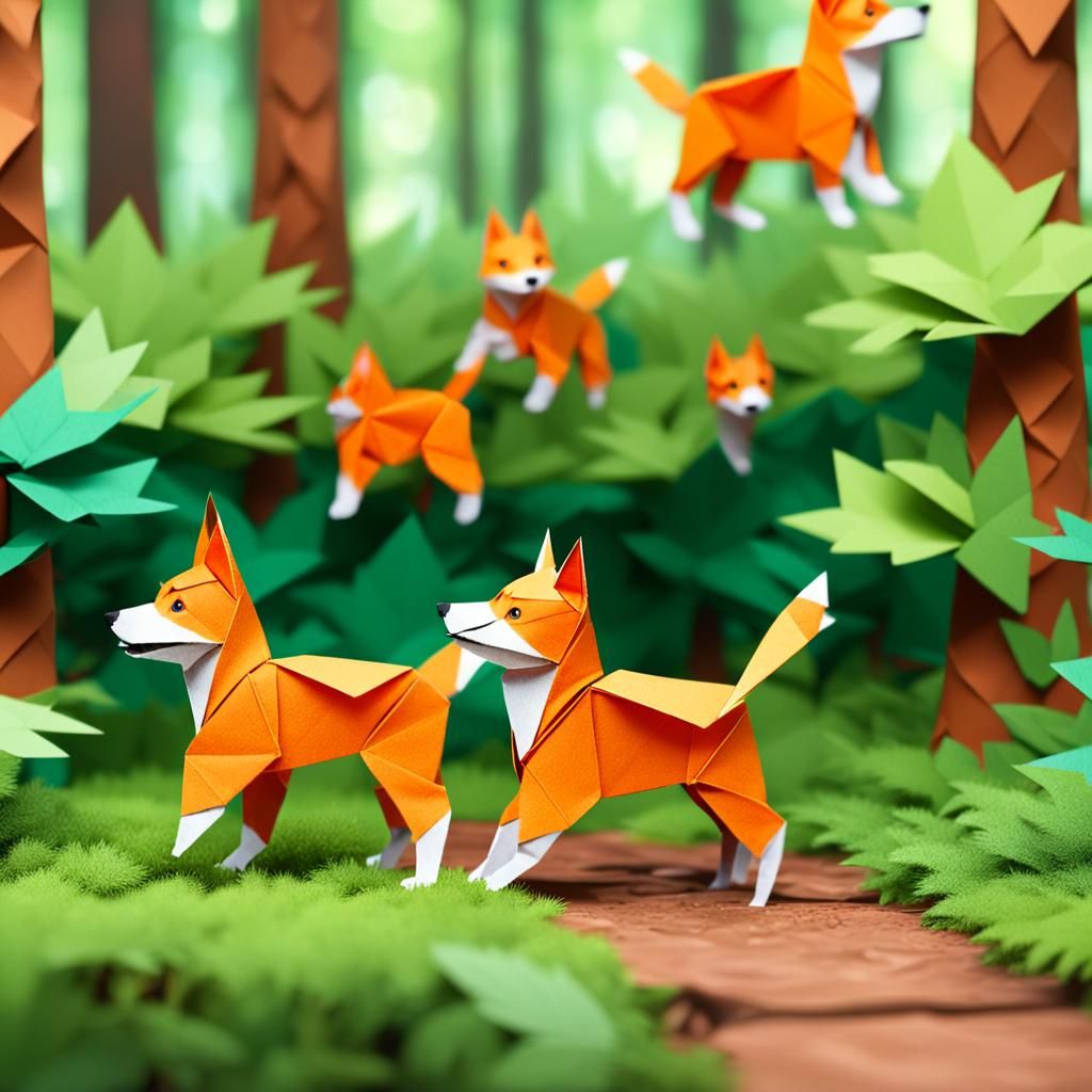 Fox Puppies Play in Bright Forest: Origami Papercraft