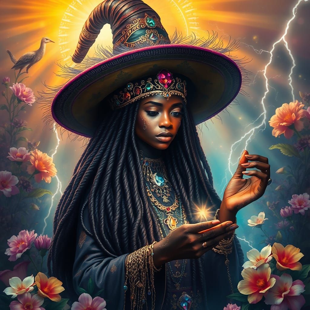 Rwandan Witch Casting Spell in Aetherpunk Style