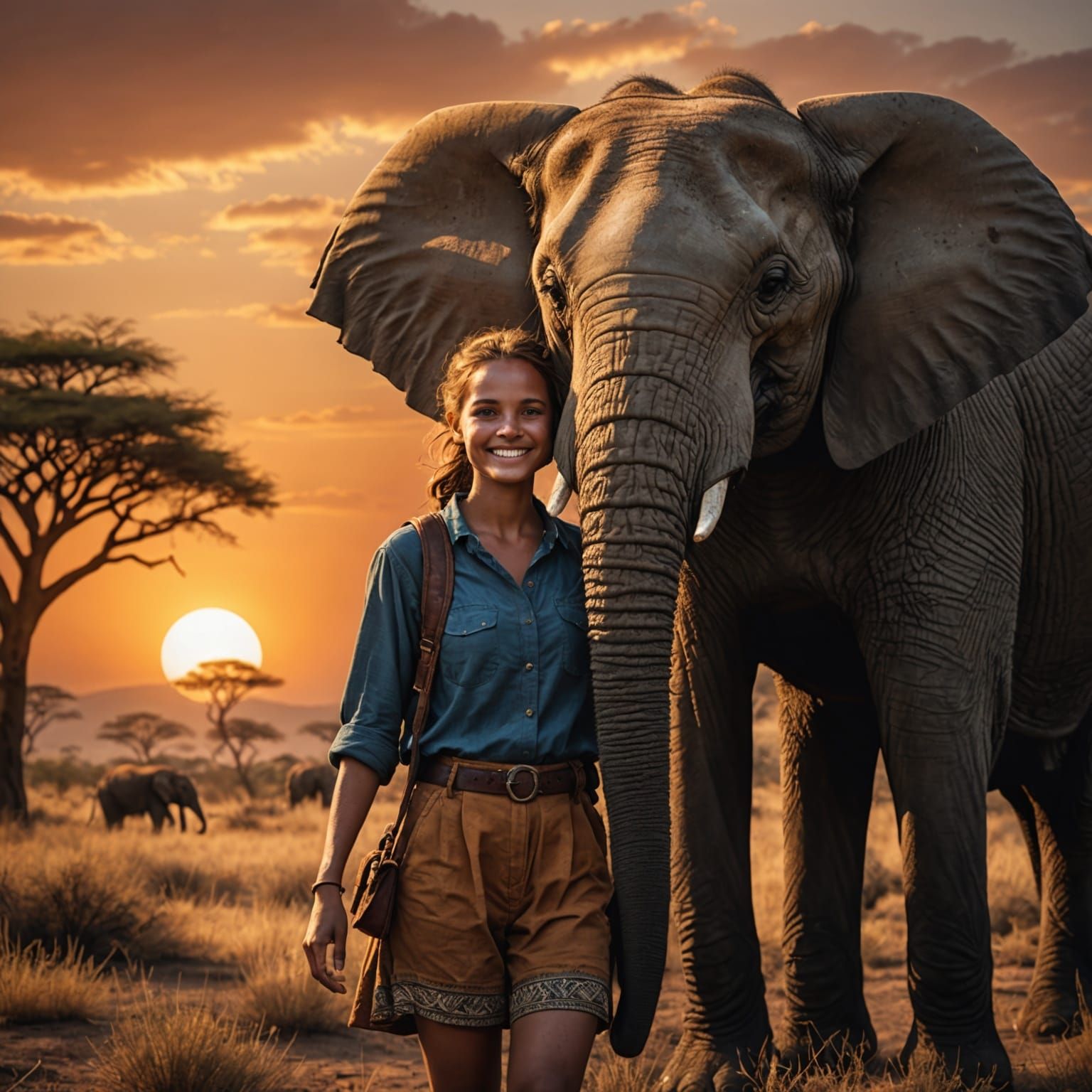 Girl and Elephant at Serengeti Sunset: Photorealistic