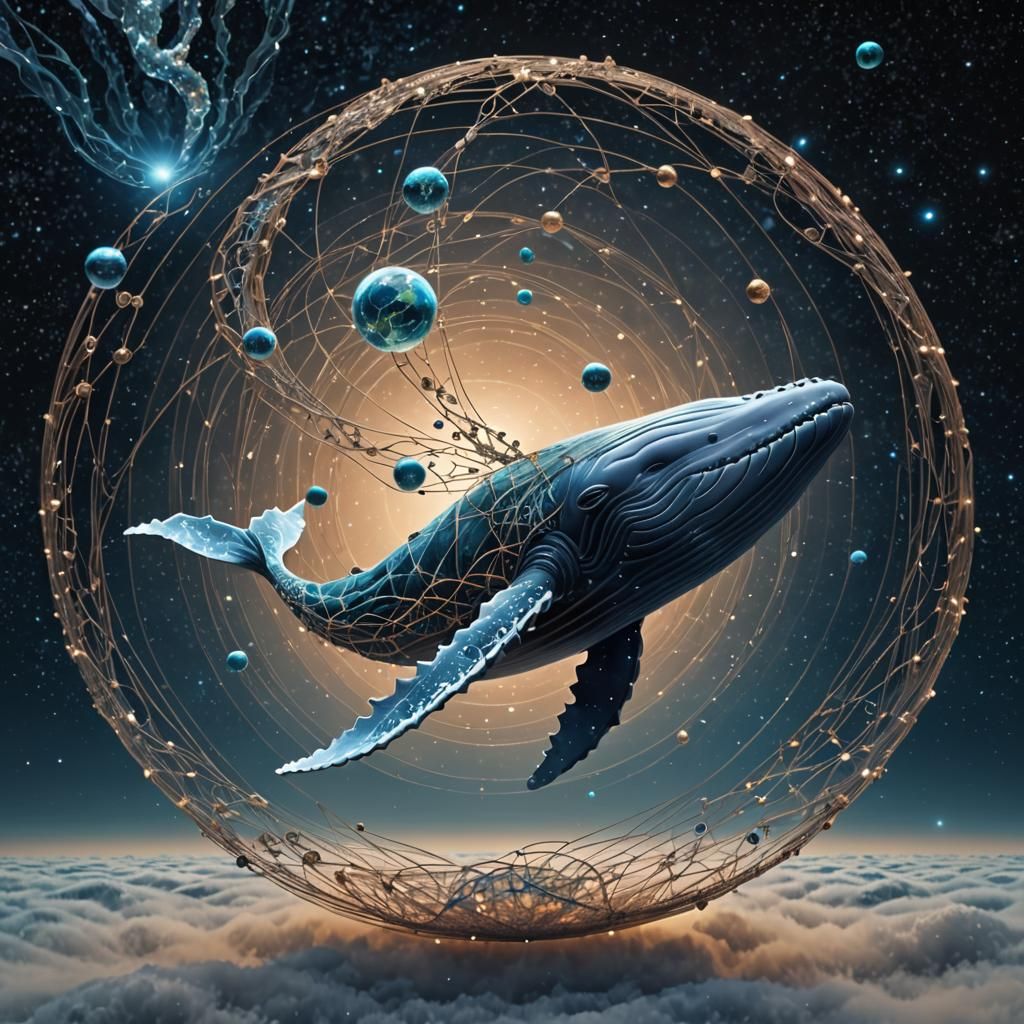 Translucent Fractal String Whale Over Earth