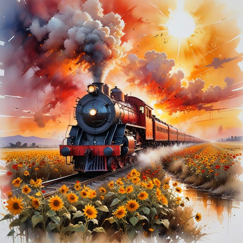Vintage Steam Train Sunset: Watercolour Painting
