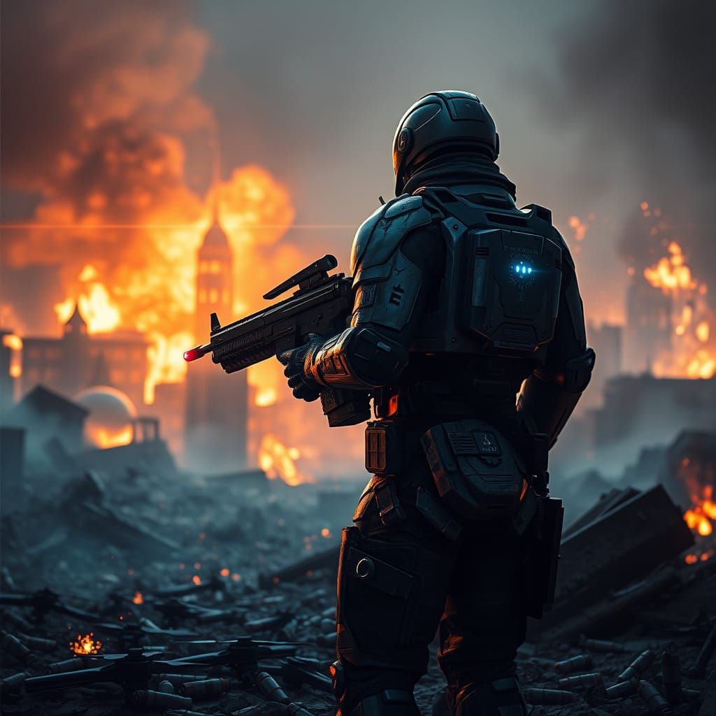 Gritty Futuristic Soldier Amidst Burning City Ruins
