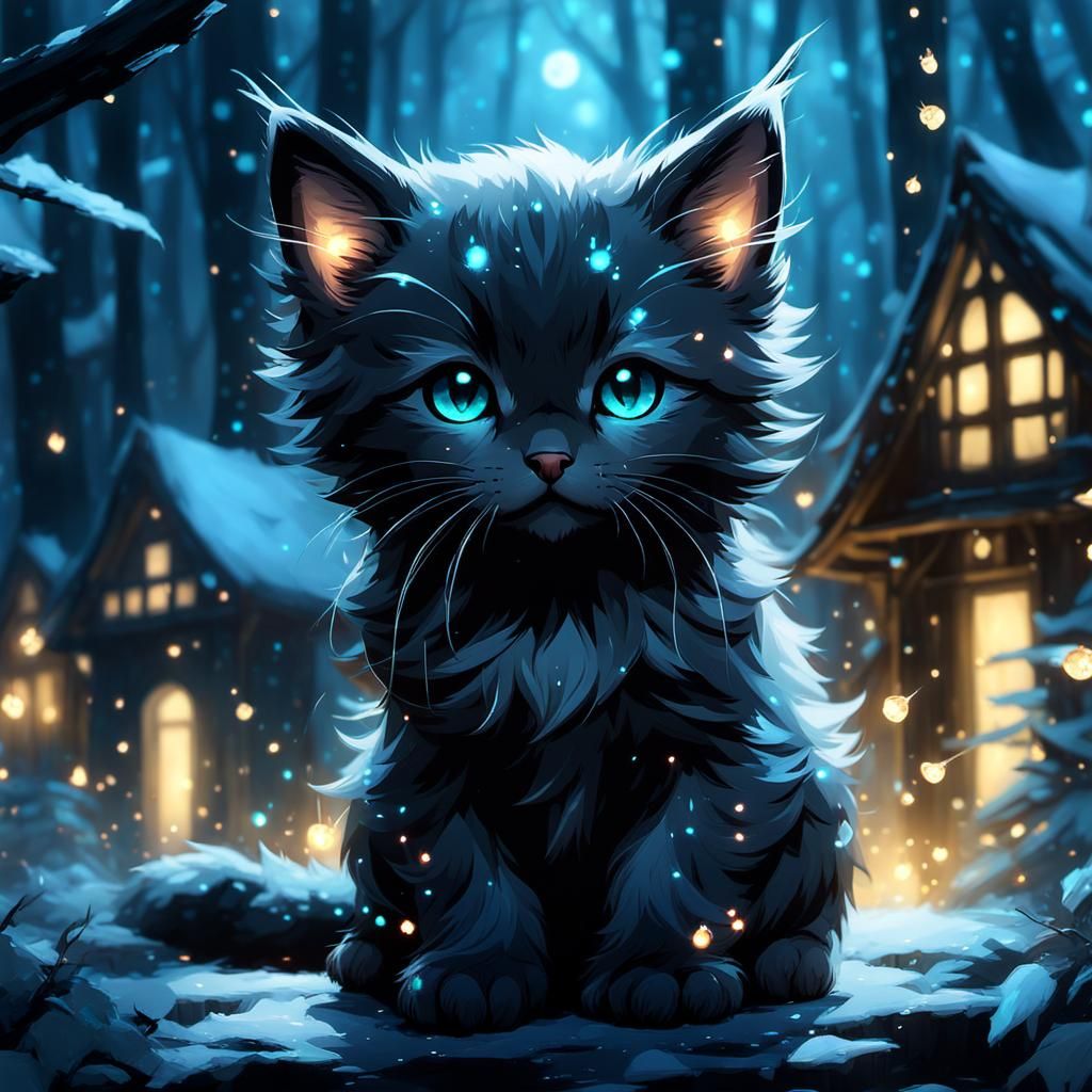 Adorable Chibi Snow Kitten in Enchanted Forest
