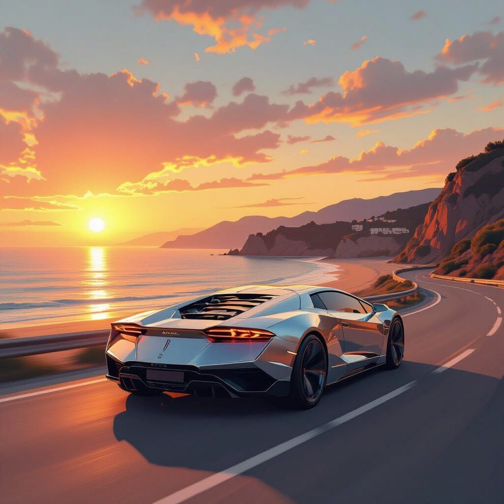 Lamborghini on Coastal Road at Sunset in Stylized Art