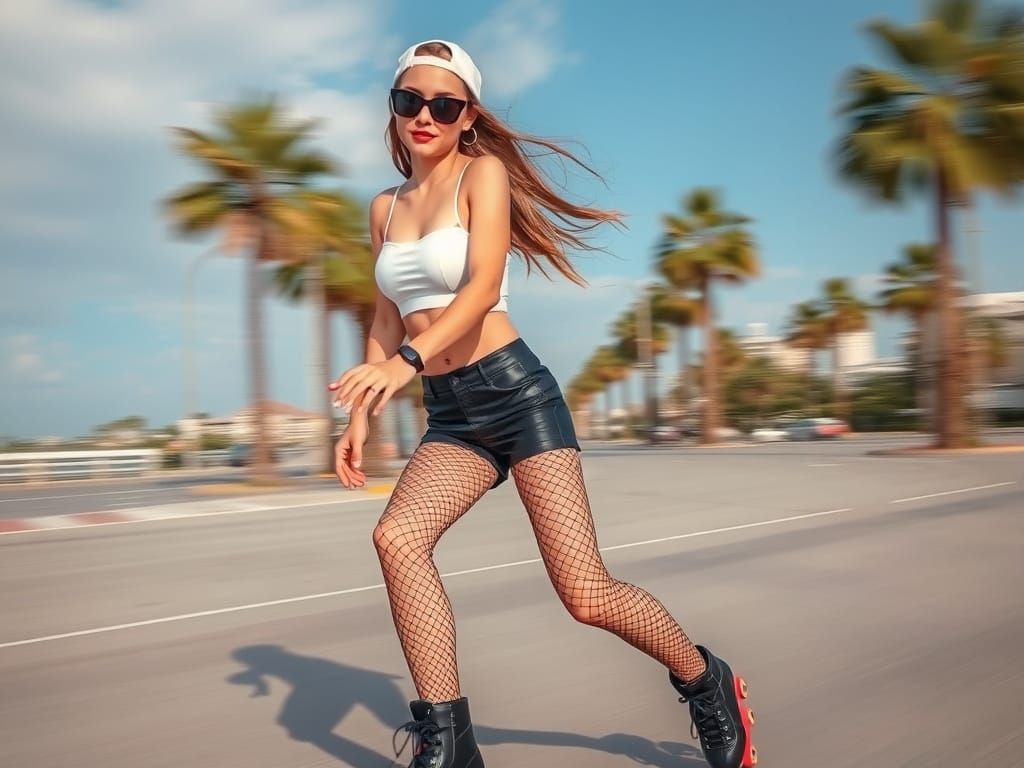 Roller Skating Woman in Coastal City