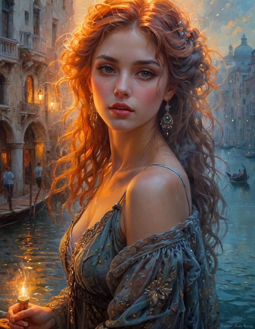 Mysterious Venetian Woman: Ethereal Oil Painting