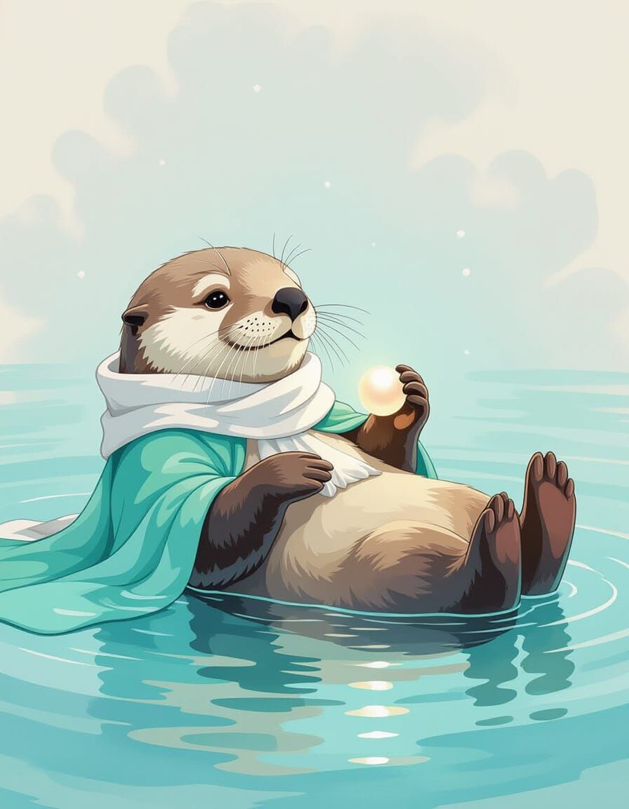 Serene Sea Otter with Pearl in Watercolor Style