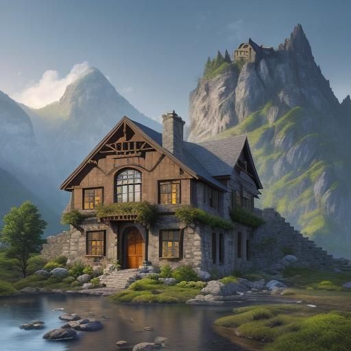 Fantasy Stone House Under Mountain, Hyperrealistic Style