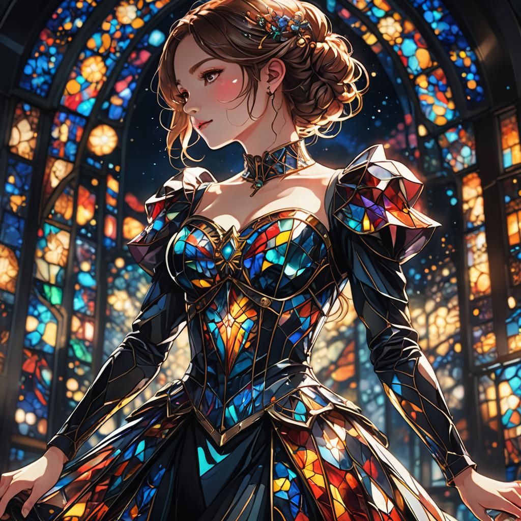 beautiful amazing incredible stunning stained glass dress, beautiful woman wearing a glass dress
