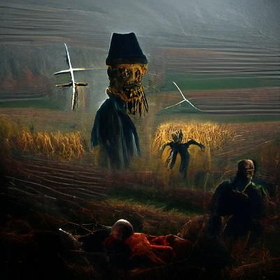 Demonic Scarecrow with Scythe in Wheat Field