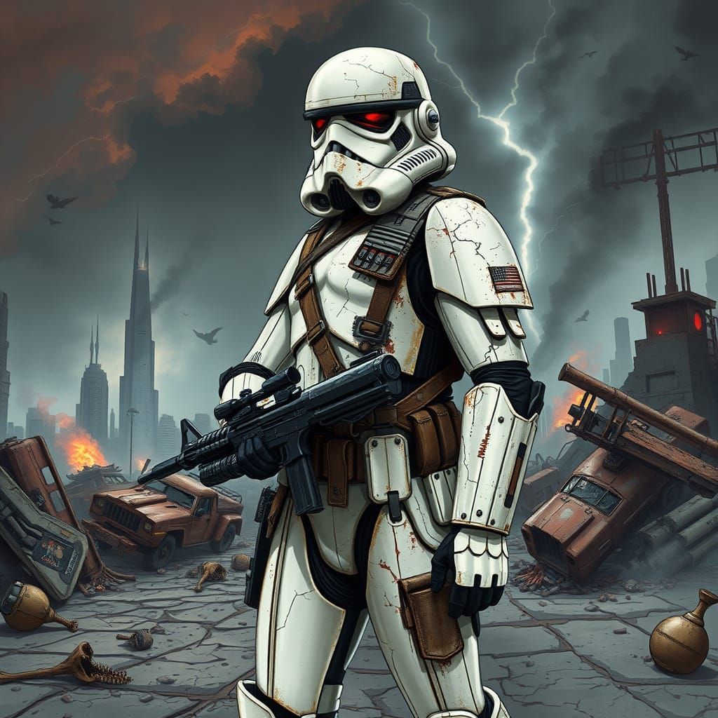 Gritty Post-Apocalyptic Stormtrooper in Cyberpunk Ruins