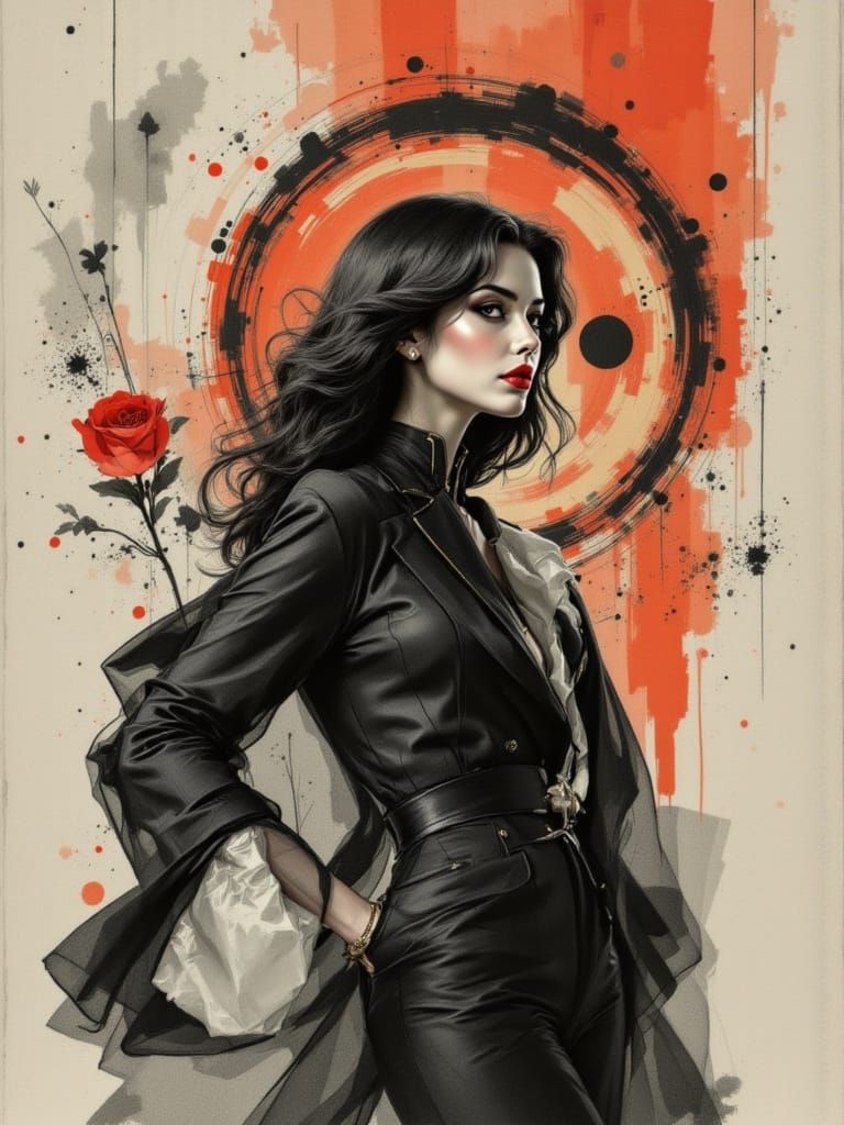 A Mysterious Woman in Charcoal and Crimson, a Fusion of Art ...