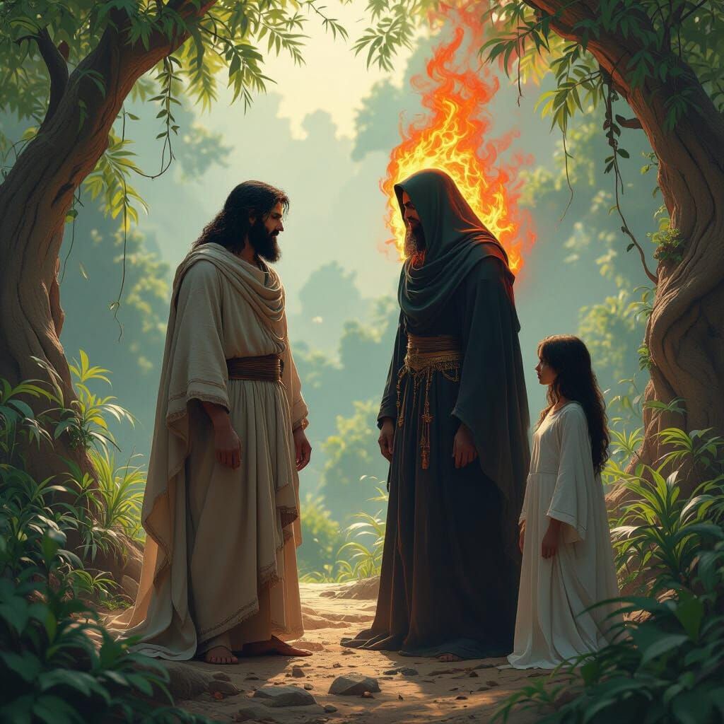 Adam and Iblis Before Allah: Digital Art