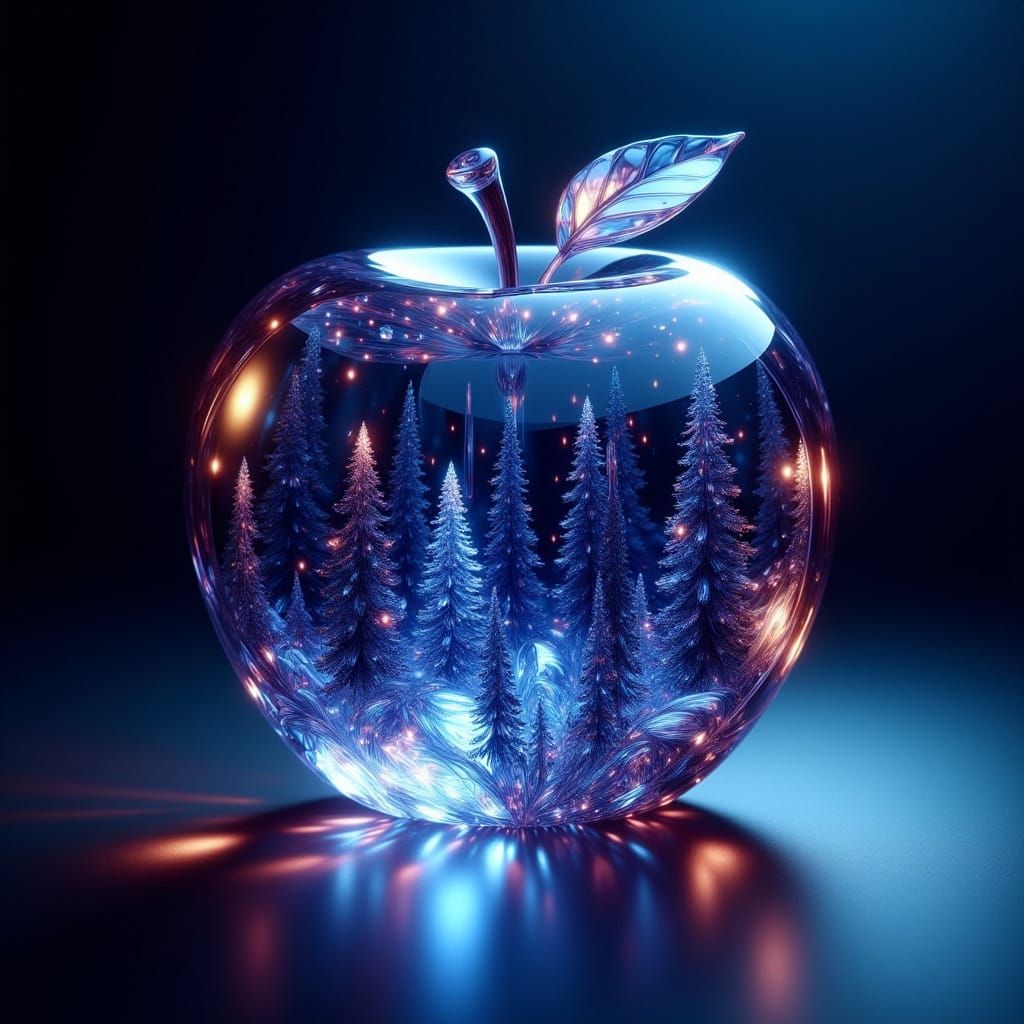 Delicate Apple with Winter Forest Scene in Neon Light
