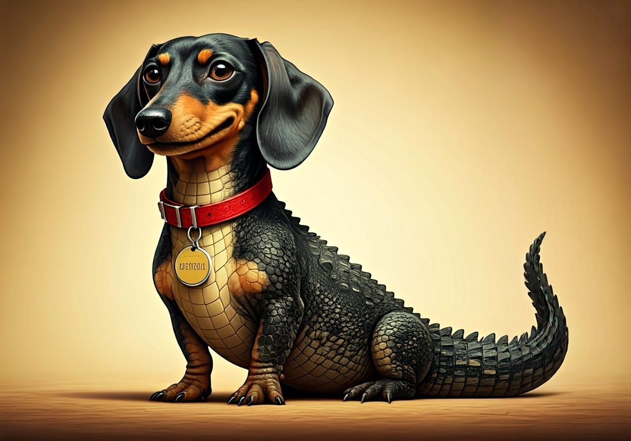Whimsical Crocodachshund with Red Collar and Shiny Name Tag