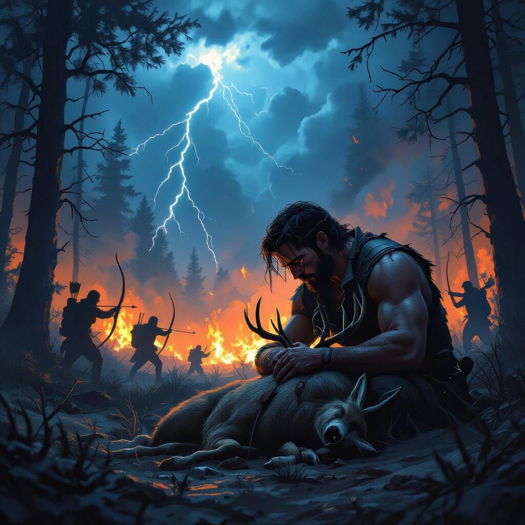 Man Cries Over Dead Deer Amidst Fiery Forest and Archer Atta...