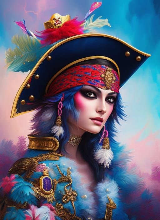 Pirate Kitten in Carmine and Periwinkle Colors