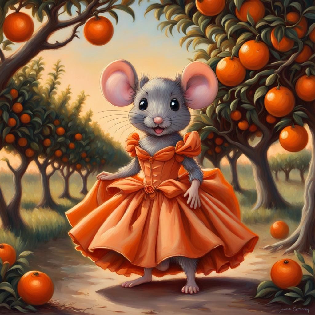 Mouse in Orange Ballgown, Oil Painting