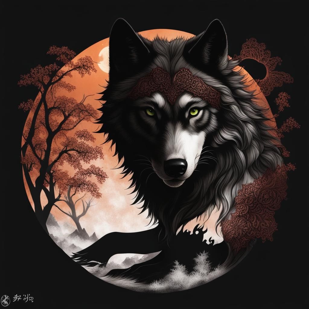 Lace Wolf Yin Yang in Black and White