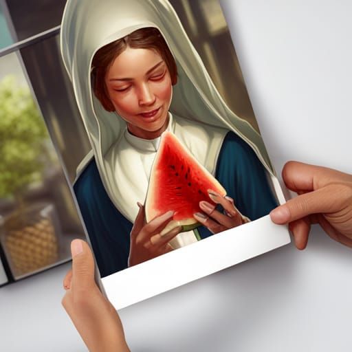Smiling Nun with Watermelon: Hyperdetailed Portrait