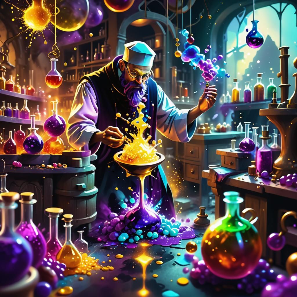 Grape Candy Explosion in Alchemist's Lab: Digital Art