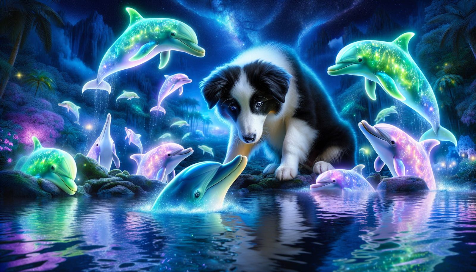 Border Collie Puppy and Neon Dolphins in Mystical Pond