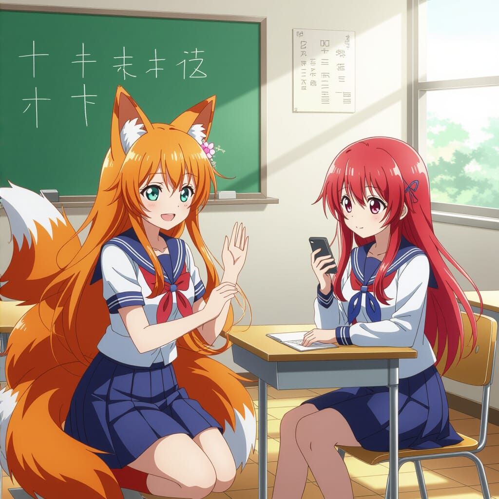 Anime Fox Girl Meets Friend in School Classroom