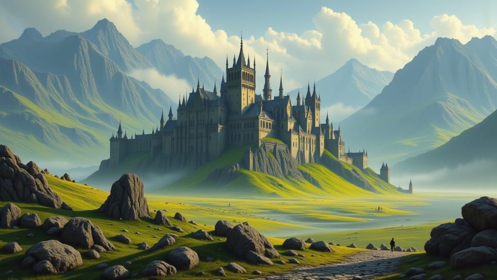 Epic Fantasy Castle Landscape with Rolling Hills