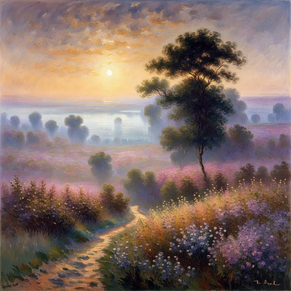 Misty Valley Landscape with Heather and Stars