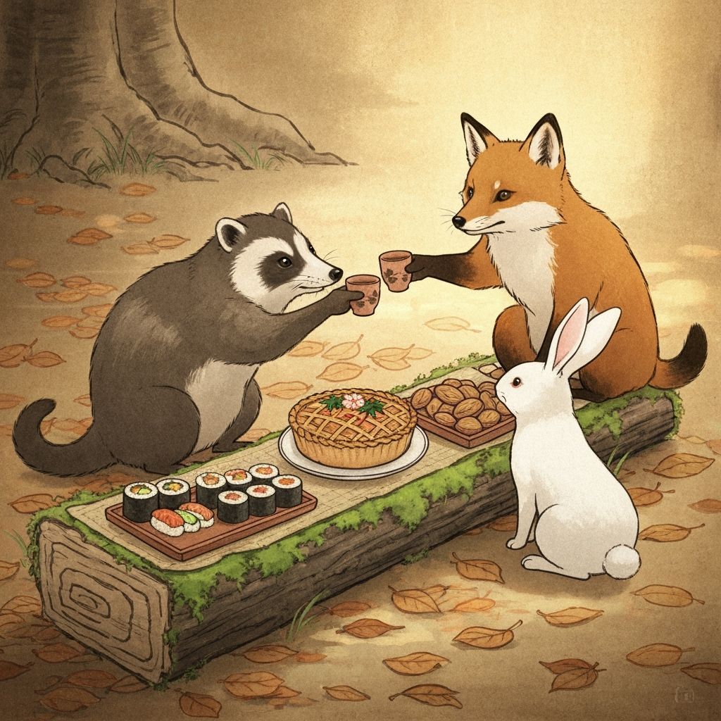 Woodland Friends Toasting Vegan Sushi in Autumn Forest