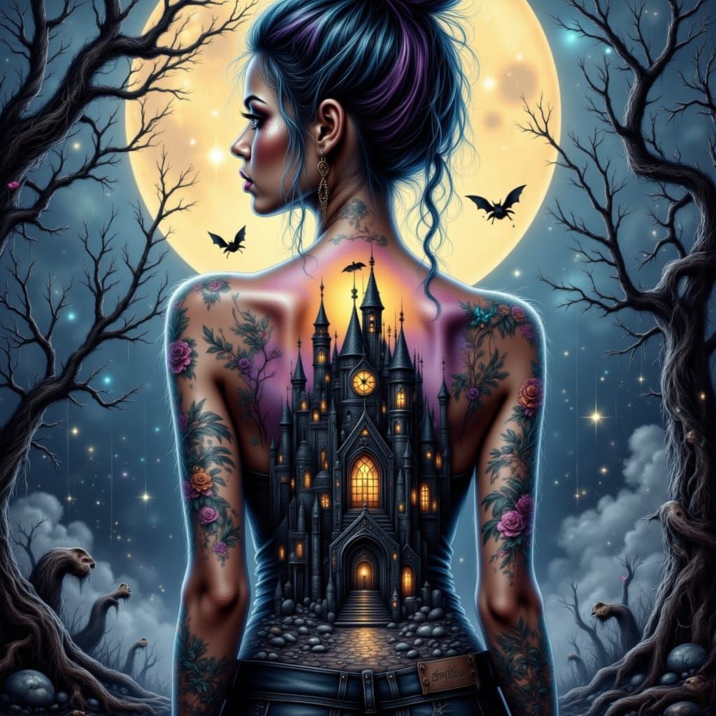 Gothic Dark Fantasy Tattoo in Watercolor Style