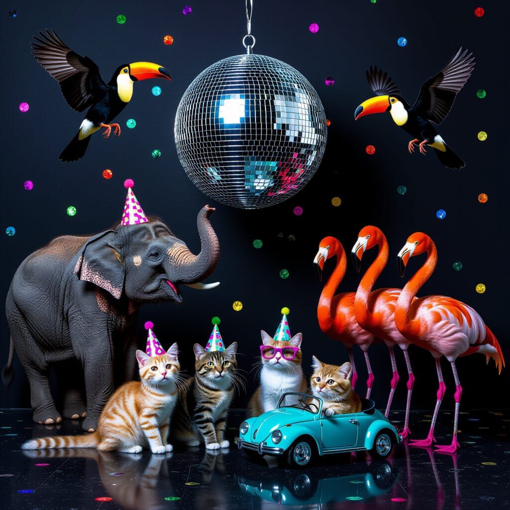 Disco Ball Party with Animals in Photorealistic Style