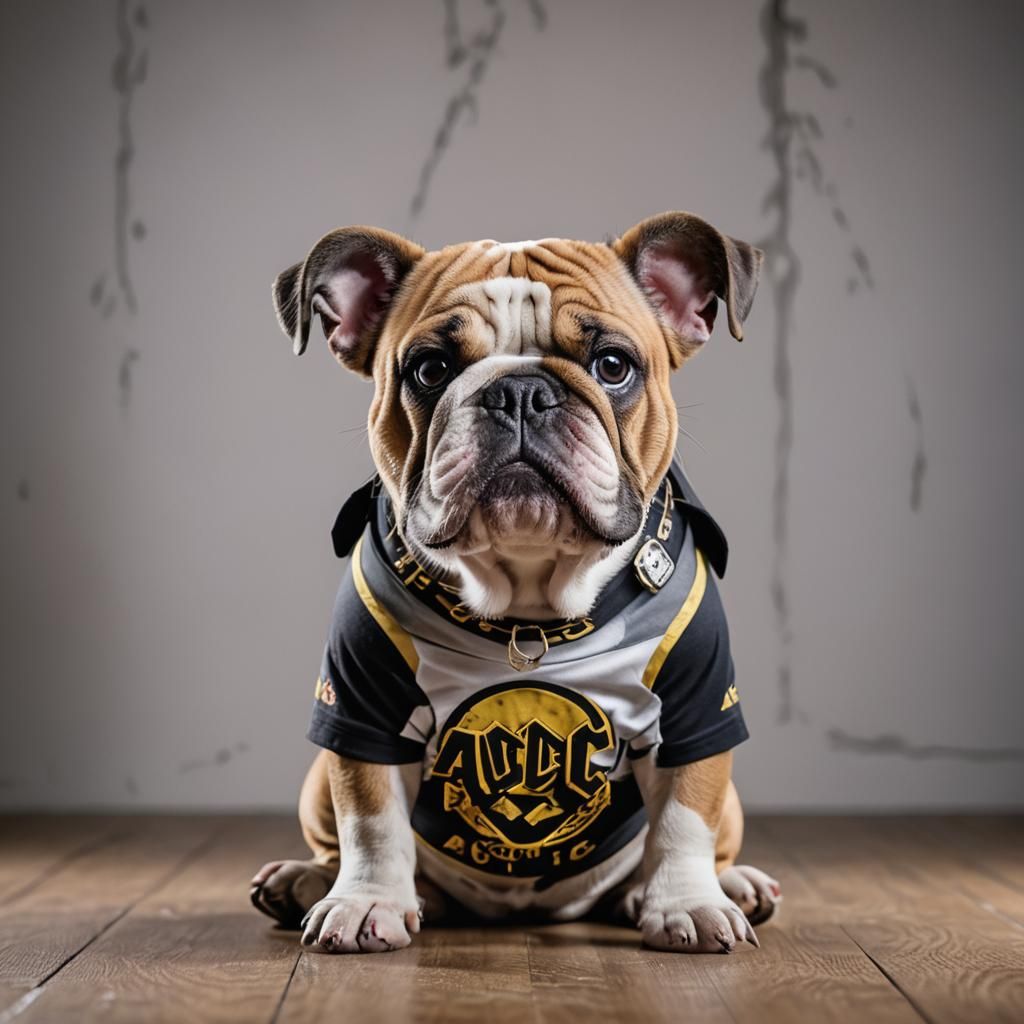 Bulldog Portrait in ACDC Shirt: Studio Photography