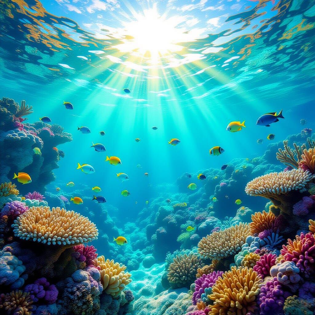 Vibrant Caribbean Coral Reef Under Sunny Turquoise Waters