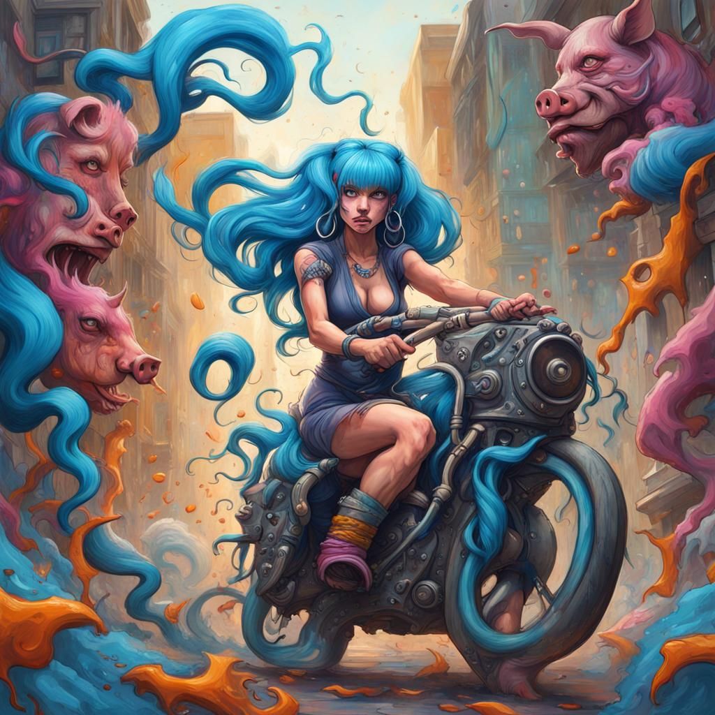 Voluptuous Woman Rides Gorgon in Graffiti Art Style