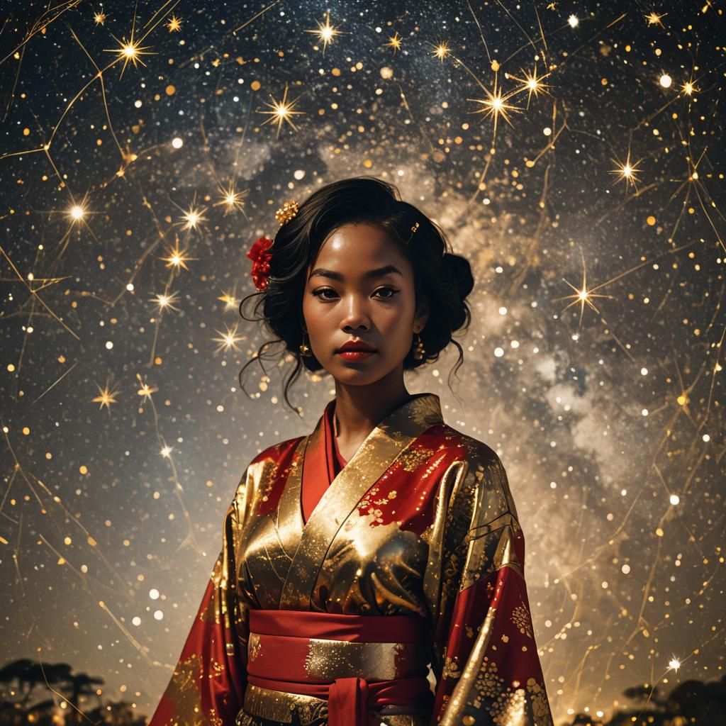 Geisha in Kimono Double Exposure with Starry Night