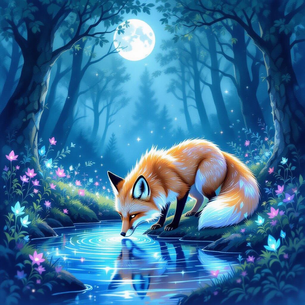 Enchanted Forest Clearing with Bioluminescent Fox