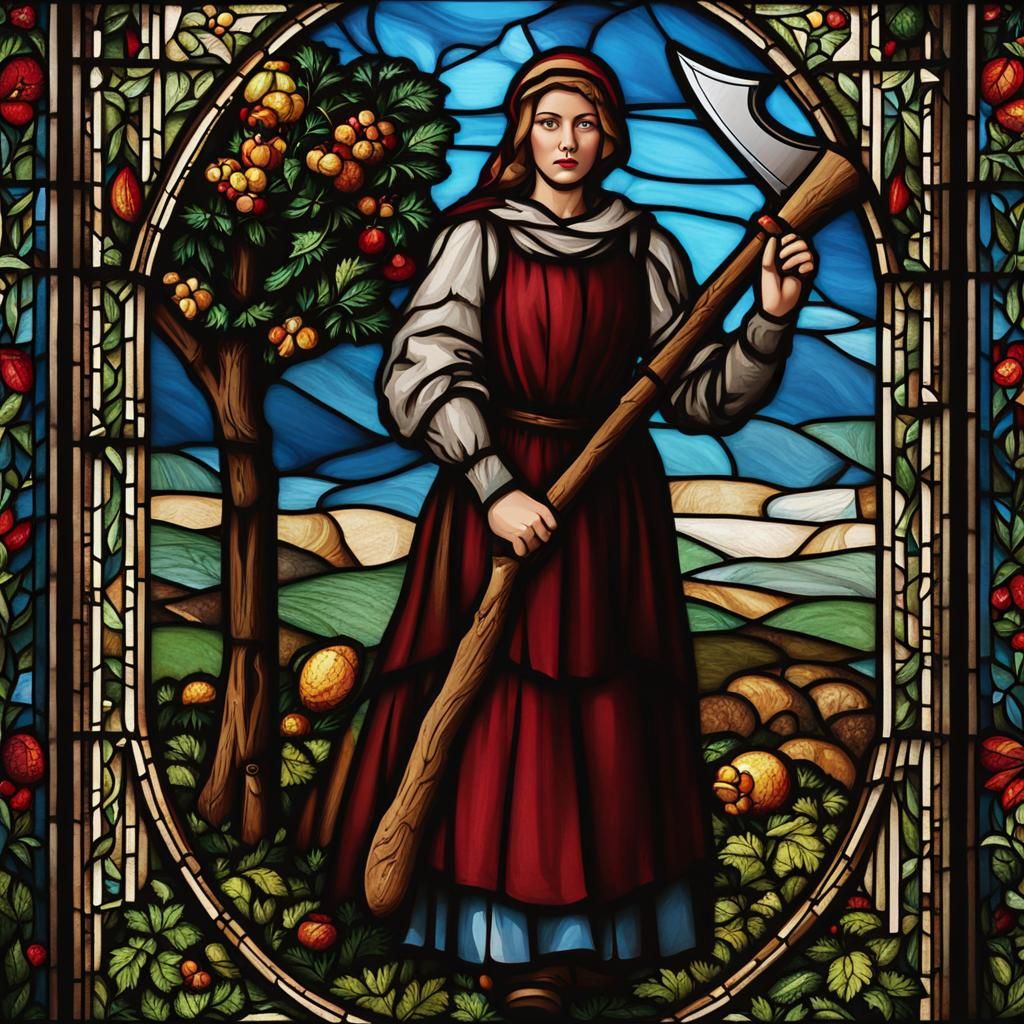 Medieval Woman Chopping Tree in Stained Glass Style