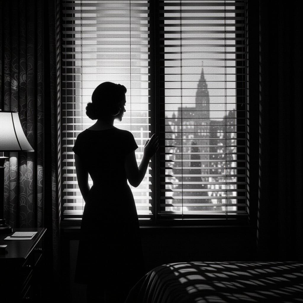 Suspenseful Film Still in Hitchcock Style