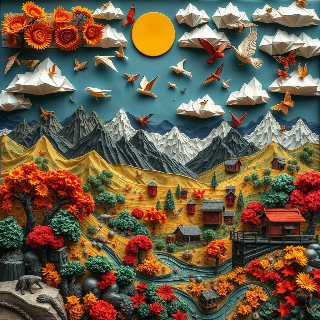 Vivid 3D Origami Collage of Autumn Landscape