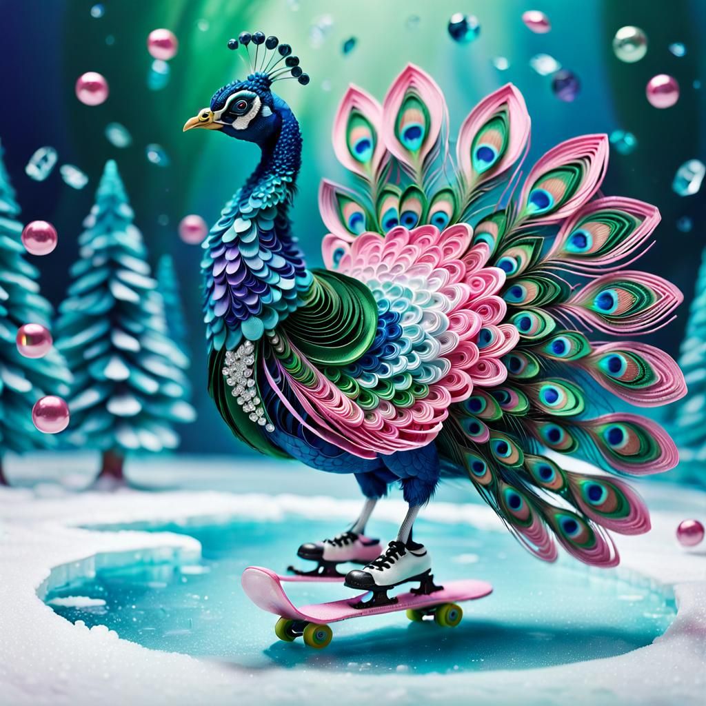 Peacock on Ice: A Quilling Cinematic Still