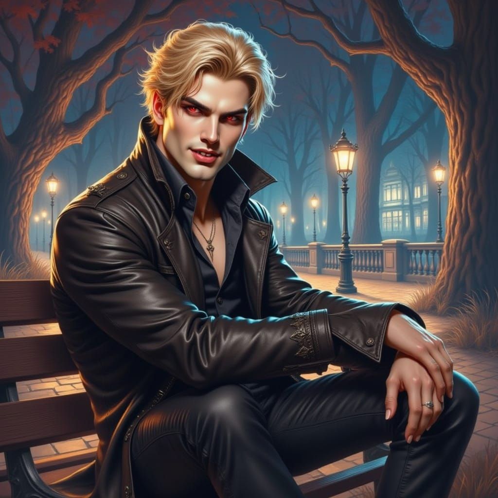 Blonde Vampire Sits on Park Bench at Night
